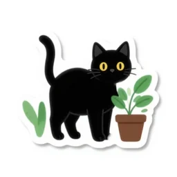 black cat and plant illustration sticker, one sticker with white background, trending on instagram, sigma 8 5 mm f / 1. 4