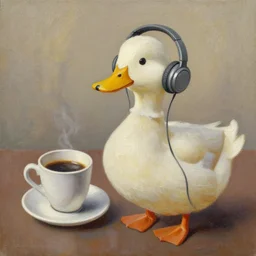 an oil painting of a duck enjoying coffee while listening to music