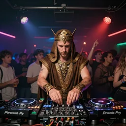 celtic druid as a dj on the rave party in club, wide shot, dynamic photography, realistic, highly detailed, 8 k