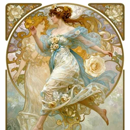 lady dressed in a vaporous wrapped large  victorian cream roses silk semi-transparent blue and cream dress fashion is running  D&D, fantasy, intricate, elegant, highly detailed, digital painting, artstation, concept art, matte, sharp focus, illustration, art by  and Alphonse Mucha