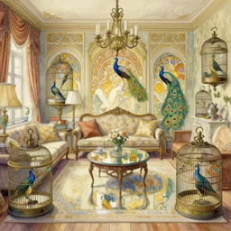 a beautifull intricate watercolour painting of a living room with peacock cages, reflexions, verry high details by william turner art, greg rutkowski and alphonse mucha, trending on artstation, very very detailed, masterpiece, muted colors