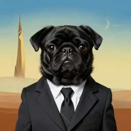 a salvador dali portrait of black pugalier dog wearing suit and tie, surreal background, by salvador dali, trending on instagram, award winning details