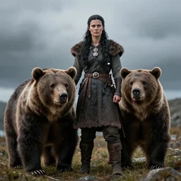 a tall black haired viking woman accompanied by a brown bear realistic 4 k