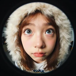 fish eye lens photo of wondrous wide eyed girl painted by Mark Keathley, crispy and fluffy