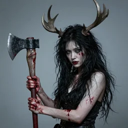 pale woman with messy black hair, antlers and bloody hands wielding a bloodied fireaxe