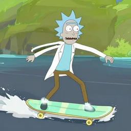 an episode from rick and morty where rick surf on skate in the shape of morty