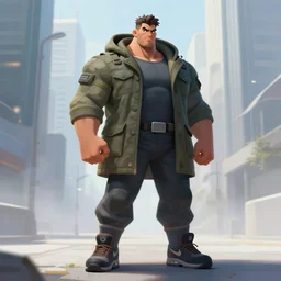 battle hardened, overpowering, pragmatic, charismatic character male handsome muscular wearing acg parka and nike acg air mowabb sneakers, portrait, confident, modern cityscape, outdoors, architecture, fog, sunny, volumetric lighting, illustration, perfectly shaded, cold lights soft painting, art by krenz cushart and wenjun lin