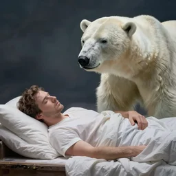 man sleeping next to a polar bear