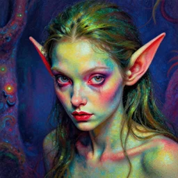 hyperrealistic close-up pointillism psychedelic elf in another dimension!! highly detailed concept art eric zener elson peter cinematic hard synthweave lighting high angle hd 8k sharp shallow depth of field, inspired by David Paul Cronenberg and Zdzisław Beksiński