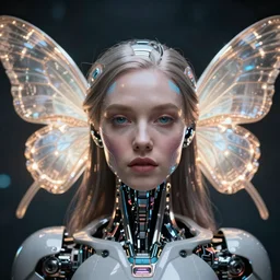 ultra detailed portrait of a futuristic cybernetic angel with glowing butterfly wings, by tom bagshaw and anna dittman, 5 0 mm lens, perfect eyes and face, biomechanical robot, deep depth of field, artstation, 8 k