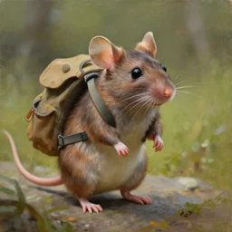 an oil painting of a female mouse on an adventure with a backpack, realistic, depth of field, 4k