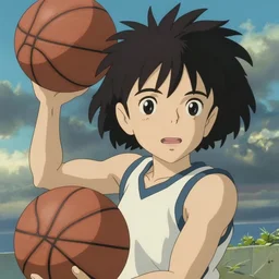 ghibli anime headshot portrait of young girl playing basketball on beach, fine details