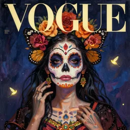 butterfly woman, vogue magazine, elle magazine, mexican day of the dead, greg rutkowski, gerardo dottori, john singer sargent, anime, trending on artstation, oil painting, intricate, fireflies