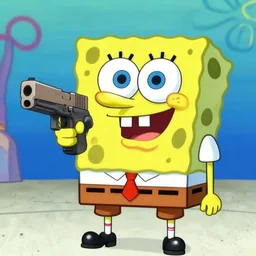 , realistic photograph of spongebob pointing a glock at the camera