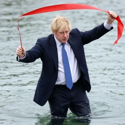 Boris Johnson holding a ribbon wearing suit and necktie dancing on water, detailed facial features, evokes feelings of joy, beautiful flowing fabric, sunset, dramatic angle, realistic and detailed, by studio trigger, pixiv dslr photo by Makoto Shinkai rossdraws and Wojtek Fus