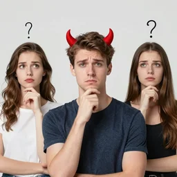 a man thinking of devil's advocate and a woman thinking of positive ideas and a man thinking of worry thoughts and a woman thinking of sarcastic thoughts and a man thinking happy thought is sitting around the table having an ideation meeting, ink illustration, water color