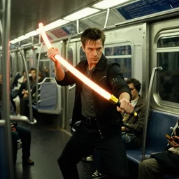 movie villain, actor david patrick kelly practicing with his brightly glowing nunchucks while riding a subway train, movie dreamscape