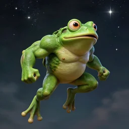 a muscular green! pepe frog jumps to the sky to become one with the stars, by taro okamoto and caspar david friedrich, atmospheric lighting, intricate detail, cgsociety, hyperrealistic, octane render, rpg portrait, ambient light, dynamic lighting