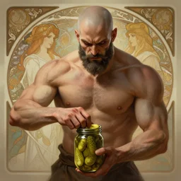 Epic portrait, muscular man with basic clothes trying to open a jar of pickles, bald, bearded, scary, digital painting, artstation, concept art, soft light, hdri, smooth, sharp focus, illustration, fantasy, intricate, elegant, highly detailed, D&D, matte painting, in the style of Greg Rutkowski and Alphonse Mucha and artemisia, 8k,