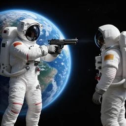 astronaut aims a gun at a second astronaut in the right side, with earth in the background, unreal engine 5, dark space