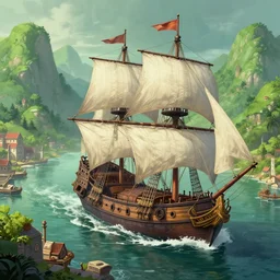 highly detailed 4K fantasy matte painting of a single huge pirate ship galleon sailing into a harbor town large white sails green landscape digital art by Greg Rutkowski and Thomas Kinkade, trending on Artstation