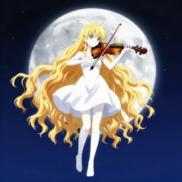 teen, cute, full body, a female with white skin and golden long wavy hair holding a violin and playing her last song, heavenly, stunning art style, filters applied, lunar time, night sky, trending art, sharp focus, centered, landscape shot, fate zero, fleeting dream, simple background, studio ghibly makoto shinkai yuji yamaguchi, by wlop