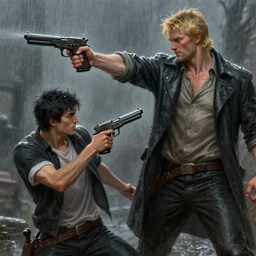 fight between a young man with black hair and a tall blond man armed with a handgun, raining, highly detailed, digital painting, artstation, concept art, smooth, sharp focus, illustration, art by artgerm and greg rutkowski and alphonse mucha