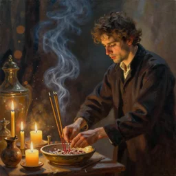 a beautiful oil painting of incense and candles, bokeh, in the style of delphin enjolras, ultrarealistic, dynamic lighting, artstation, hyper realism.
