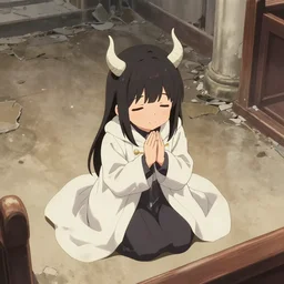 cute japanese girl with small horns, dressed in an old white coat, praying on the floor of a destroyed church, with an cute smile, view from above, detailed artwork by Yoji Shinkawa