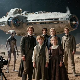 8k film still from a sci fi blockbuster color movie made in 2022, set in 1860, of a family standing in front of a spaceship that has just landed on an alien planet, a humanoid alien creature stands nearby, the family are all wearing 1850s era clothes, cinematic lighting, cinematic camera, human faces, extremely good lighting, good photography, winner of seven oscars