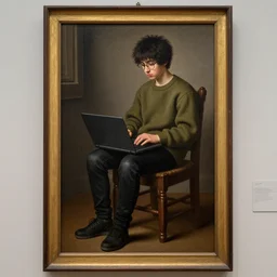 painting of a shaggy black haired teenager!!! with glasses sitting on a chair, clothed with an olive colored sweater and a black jean, with a laptop on his lap, full body, renaissance!!! painting!!!, ultra detailed, masterpiece, framed, museum photo