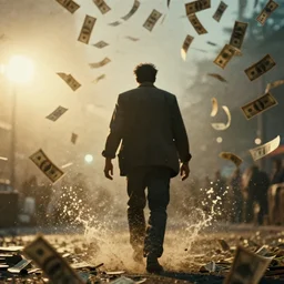 a 3 5 mm photo from the back of a man walking through money falling from the sky, splash art, movie still, bokeh, canon 5 0 mm, cinematic lighting, dramatic, film, photography, golden hour, depth of field, award - winning, anamorphic lens flare, 8 k, hyper detailed, 3 5 mm film grain
