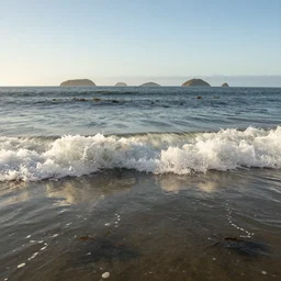 small perfect wave breaking in shallow clear water directly in front of viewer, hollister ranch, offshore winds, kelp, islands on horizon, oil dereks on horizon, late afternoon, fall, central california