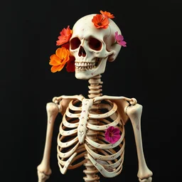 skeleton with beutiful colours, flowers, with a ( layetonib ) watermark on it
