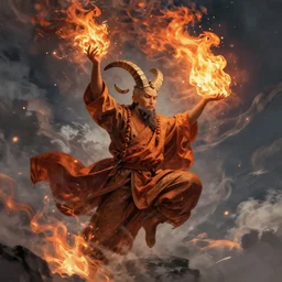 ram horned monk brings fire down from the sky, medieval style, trending on artstation, highly detailed, digital painting, volumetric light, 8k