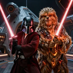 hyper realistic drawing of Obi Wan fighting jabba the hutt in a space shuttle with light sabers and lava