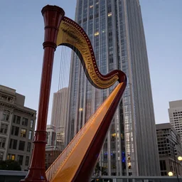 skyscraper harp, harp with lasers instead of strings nestled in san francisco