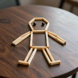 amogus figure made of matchsticks, on a coffee table, 4K photo