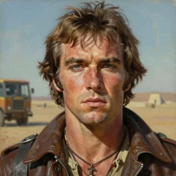 portrait of young 1 9 7 0 s jack nicholson ( from easy rider ) as villain warlord in mad max 2 : the road warrior, film still, detailed realism face in painting, detailed beautiful portrait, oil painting masterpiece, 8 k resolution, smooth, sharp focus, trending on artstation, by rembrandt