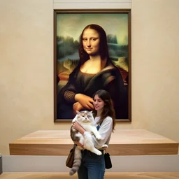 a young woman is standing in the museum holding a big cat!, looks like mona lisa, sharp focus, hyper realistic, soft colors, centered, insanely detailed, wide shot, a painting by leonardo da vinci