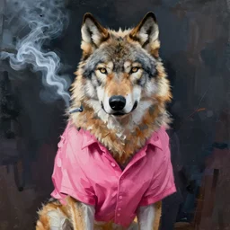 full body oil painting of smoking wolf wearing pink shirt, in the style of sophie anderson dramatic painting, high detail, lights