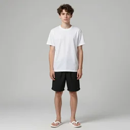 slightly strong white boy, dark brown hair, short, white flip flops, white t shirt, black shorts, dark brown eyes, wide dark eyebrows, small eyes, big straight nose, small pink lips,