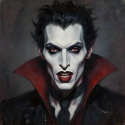 hyperrealistic artnouveau dark scary portrait oil painting of a seducing evilish vampire spike lee!!!! fine delicate details dark and blurry colors in style of michael hussar and alexandermcqueen