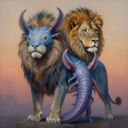 painting of a potrait of hybrid between axolotl!! & lions, intercrossed animal, mixture animal, by tiffany bozic, by zdzislaw beksinski, cold hue's, warm tone gradient background, concept art, beautiful composition, digital painting,