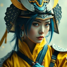photorealistic portrait of a beautiful, female samurai warrior, ghost in a shell, ready to fight, goth punk, vibrant yellow, blue, colors, surreal, a french baroque by by alexander mcqueen, hyper detailed, cinematic lighting