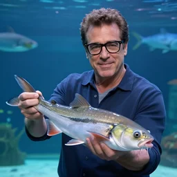 ! dream photo still of ray romano with glasses, in front of an aquarium, holding a catfish, octane render, realism