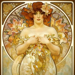 portrait of a beautiful curvy symmetrical woman, sensuality, wrapped in flowers, art by  Charlie Bowater, Alphonse Mucha, Tom Bagshaw