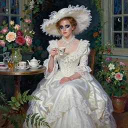 thick paint brush strokes full body fashion model emma watson by Jeremy Lipking by Hasui Kawase by Richard Schmid (((smokey eyes makeup eye shadow fantasy, glow, shimmer as victorian woman in a long white frilly lace dress and a large white hat having tea in a sunroom filled with flowers, roses and lush fern flowers ,intricate, night, highly detailed, dramatic lighting))) , high quality