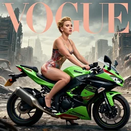 highly detailed, intricate, elegant, portrait, scarlett johansson sitting a ( kawasaki ninja )!!, post apocalyptic city landscape, wide angle lens, dramatic lighting, apocalyptic cityscape in the background, ( correct human anatomy )!!!!!, concept art, artgerm, full colour, vogue cover