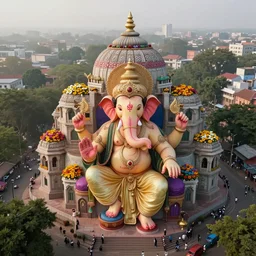 beautiful biomorphic new delhi, ganesha!! building, kalighat flowers, octane highly detailed cinematic, stephen shore & john j. park, soft morning light, wide shot, aerial shot, uhd 8 k, shallow depth of field